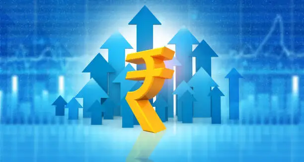 Indian rupee sign with stock market graph background. 3d illustration