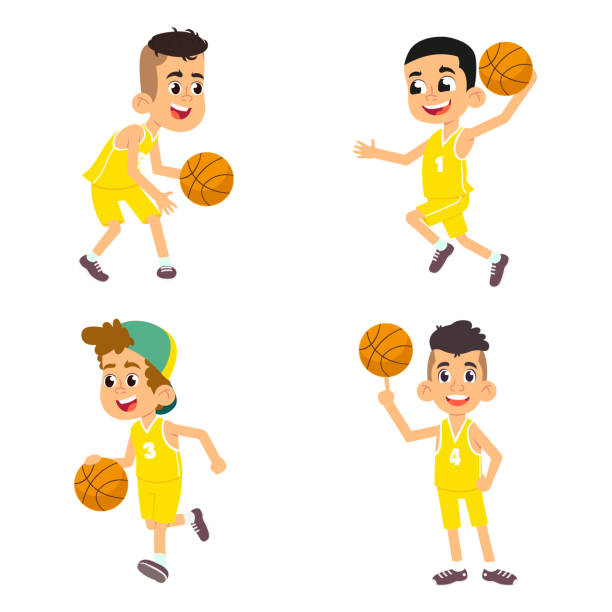 ilustrações, clipart, desenhos animados e ícones de conjunto de jogadores de basquete para crianças meninos - basketball child dribbling basketball player