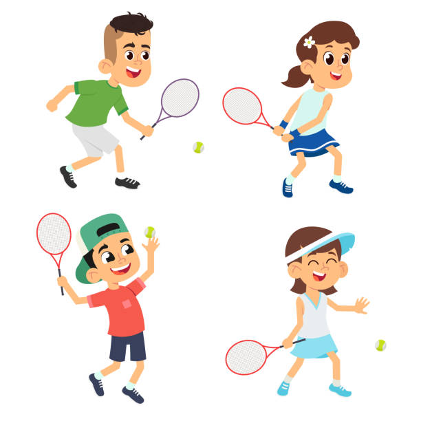illustrations, cliparts, dessins animés et icônes de ensemble d’enfants jouant au tennis. - tennis child sport cartoon