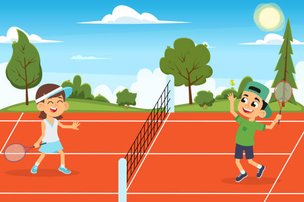 illustrazioni stock, clip art, cartoni animati e icone di tendenza di bambini divertenti giocano a tennis in campo aperto. - tennis child sport cartoon