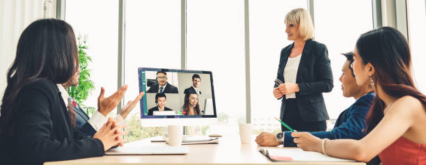 istock Video call group business people meeting on virtual workplace or remote office 1257156365