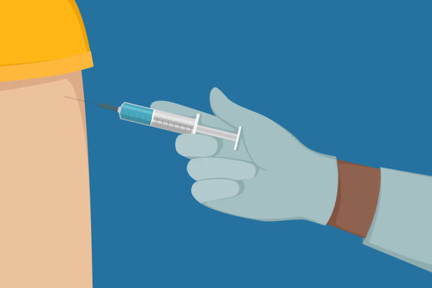 Vaccination process. Cartoon style. Vector illustration Vaccination process. Cartoon style. Vector illustration. parts of a needle and syringe stock illustrations