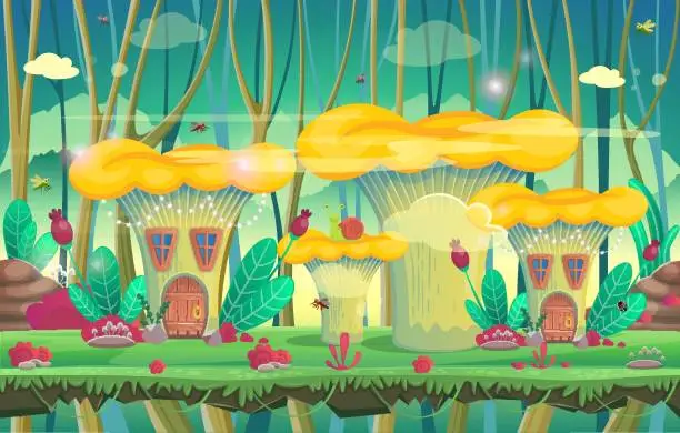 Vector illustration of Background for games and mobile applications. Forest with mushroom houses. Vector illustration.