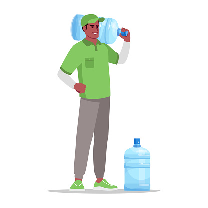 Water office delivery semi flat RGB color vector illustration. Gallon of purified liquid for corporate cooler. Deliveryman service. Male african courier isolated cartoon character on white background