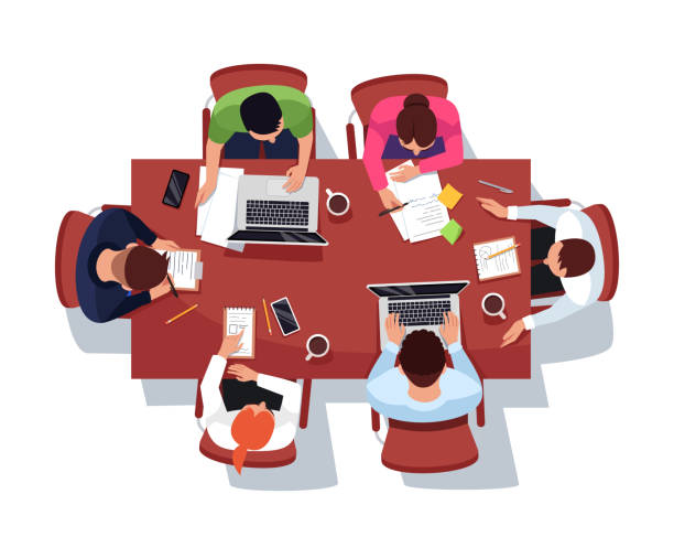Business meeting semi flat RGB color vector illustration Business meeting semi flat RGB color vector illustration. Brainstorming in office conference room. Male and female corporate employees isolated cartoon characters on white background office people icon stock illustrations