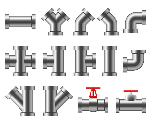 istock Silver pipes. Aluminum and chrome pipeline. Pipe fittings, water tube vector set 1257160216