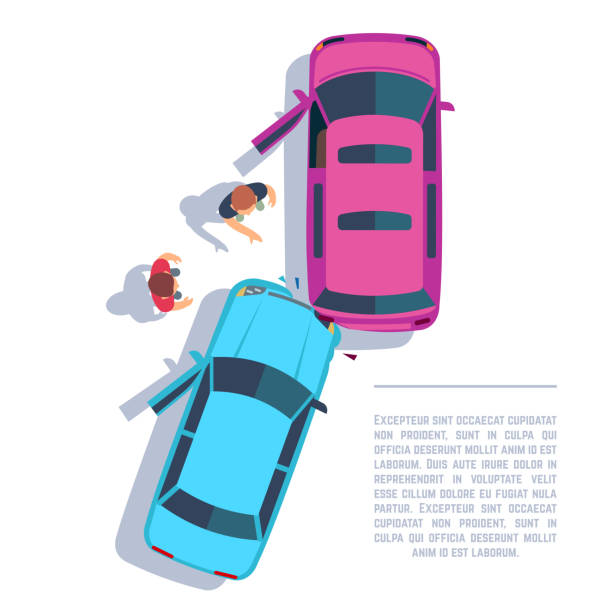 istock Car traffic accident. Crashed cars and people on road top view. Insurance vector concept 1257160224