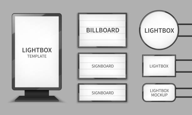 ilustraciones, imágenes clip art, dibujos animados e iconos de stock de cajas de luz. iluminación al por menor 3d vallas publicitarias, señales de cine retro. plantilla vectorial de tableros de señalización al aire libre - package vector business billboard