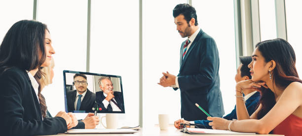 istock Video call group business people meeting on virtual workplace or remote office 1257160952
