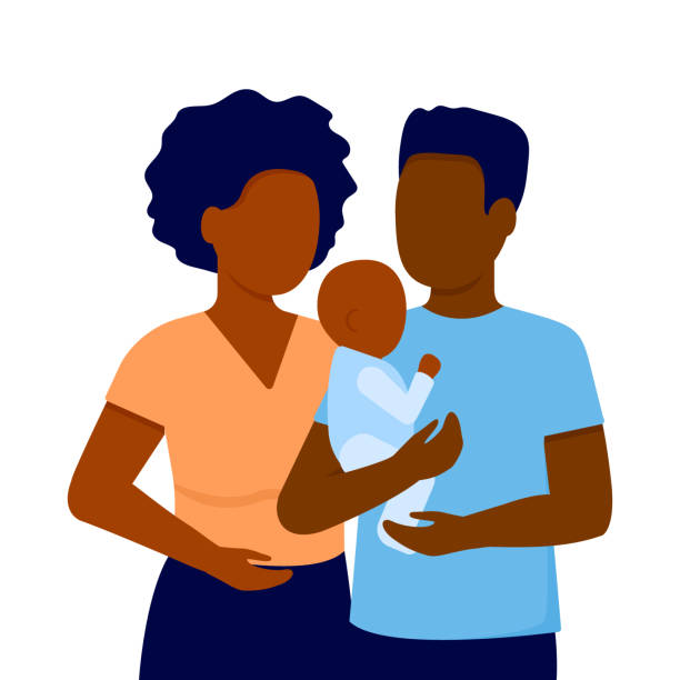 illustrations, cliparts, dessins animés et icônes de jeune mère noire abstraite, père et petit fils de chéri. communication familiale ensemble. vecteur - holding baby illustrations