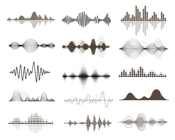 Vector sound waves set. Audio Music waveform, Vector sound waves set. Audio Music waveform, electronic equalizer curve, digital voice signal. signal level stock illustrations