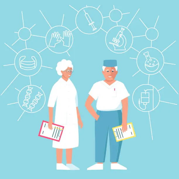 Vector illustration of Two doctors aged a man and a woman with a folder in his hands