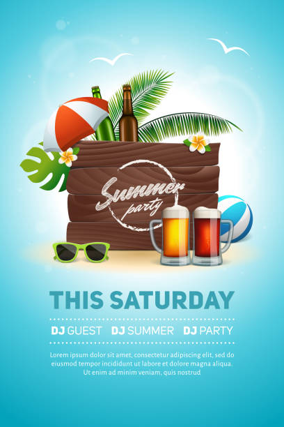 Summer beer party poster Summer beer party poster. Beach party flyer with vintage board sign, craft beer bottles and mugs, palm tree leaves, umbrella, sunglasses and other elements. Vector blue cloudy sky background beach bar stock illustrations