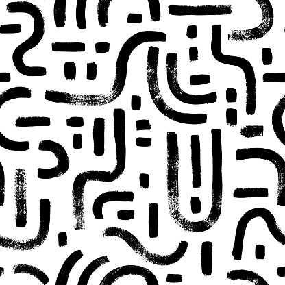 Geometric vector seamless pattern, labyrinth and mosaic motives. Memphis style geometric ornament. Grunge circular brush strokes, dashes. Hand drawn ink illustration. Hipster black paint background.