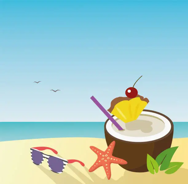 Vector illustration of Pina colada cocktail in a coconut on the beach. Summer vacation vector
