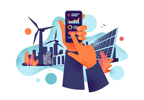 Hands holding mobile cell phone with electricity energy usage smartphone monitoring app. Sustainable renewable power plant battery storage with solar panels, wind. Grain style vector illustration.