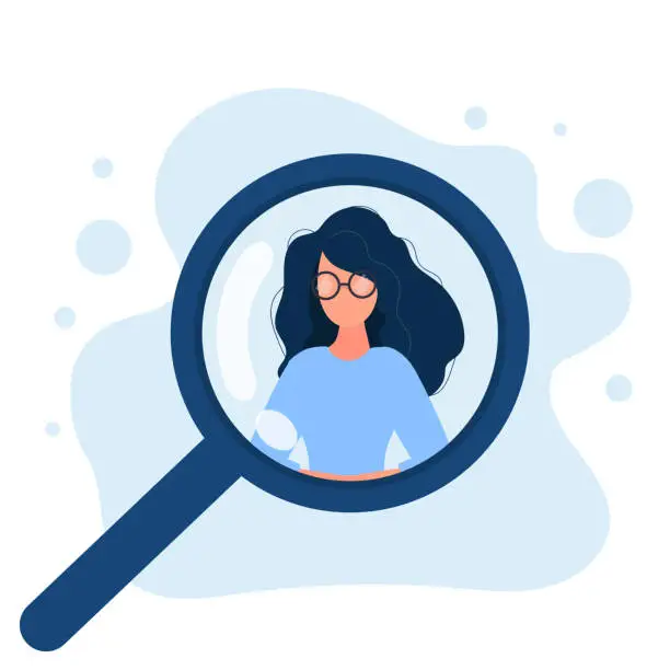 Vector illustration of Woman under a magnifying glass. People search, job openings and HR concept.