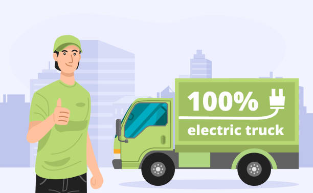 Illustration of green electric truck with a delivery man. Vector eps 10 truck driver stock illustrations