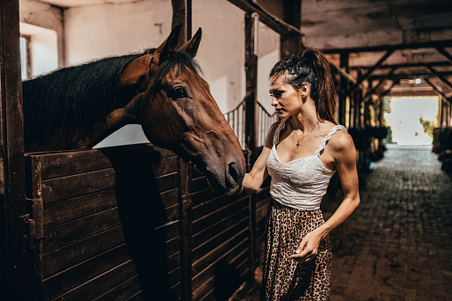 Woman petting a horse in the stable at the ranch