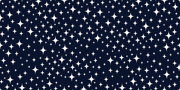 Seamless abstract pattern on dark background. Texture for paper, wrapping and fabric. Vector pattern with white stars and flares.