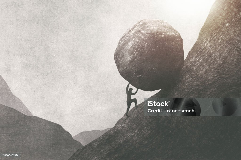 strong man pushing big rock uphill, surreal concept Conquering Adversity Stock Photo