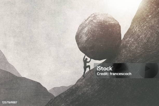 Strong Man Pushing Big Rock Uphill Surreal Concept Stock Photo - Download Image Now