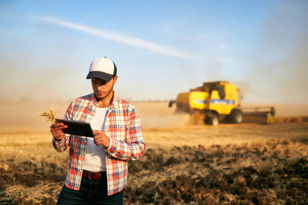 istock Precision farming. Farmer holding tablet for combine harvester guidance and control with modern automation system. Agronomist using online data management software generating yield maps at wheat field 1257169994