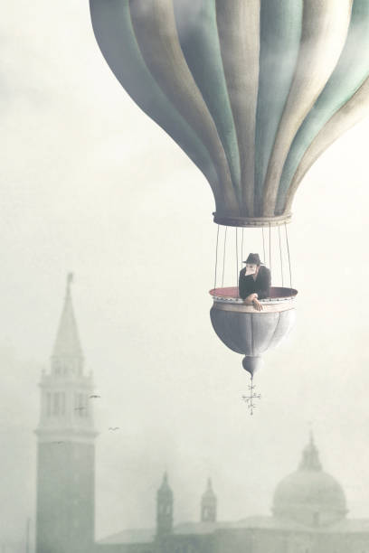 istock man with mask on a big balloon flying over Venice Italy 1257170105