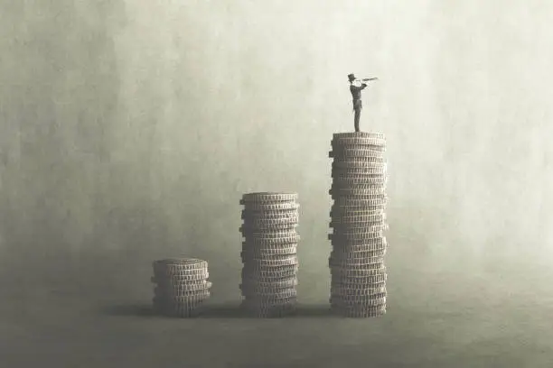 Photo of Man on to of pile of golden coins observing the future with telescope, surreal concept