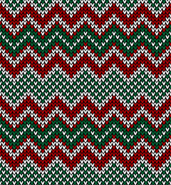 クリスマスパターン。赤、緑、白のニットジグザグ。冬のスカーフ、トップ、帽子、ミトン、スカート、セーター、または他の近代的な新年の休日のテキスタイルデザインのためのシームレ� - scarf hat green glove点のイラスト素材／クリップアート素材／マンガ素材／アイコン素材