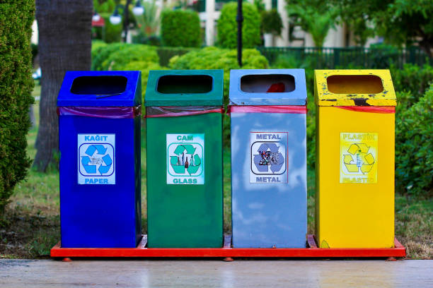 istock Different colored recycle garbage trash bins (cans) in the park. Concept of Environmental education, Disposal Classification. 1257170914