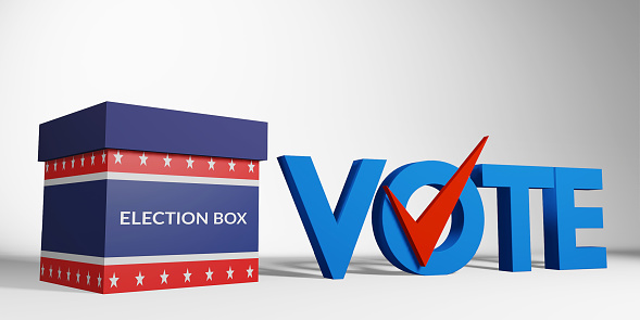 election box with America flag pattern and blue text vote with red check correct sign isolated on white background, 3d rendering. US presidential election banner campaign concept