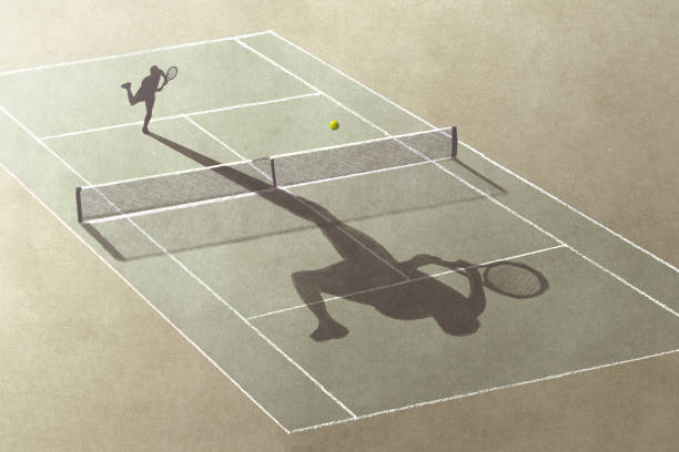 man playing tennis with his shadow, surreal abstract concept - ténis desporto com raqueta ilustrações imagens e fotografias de stock