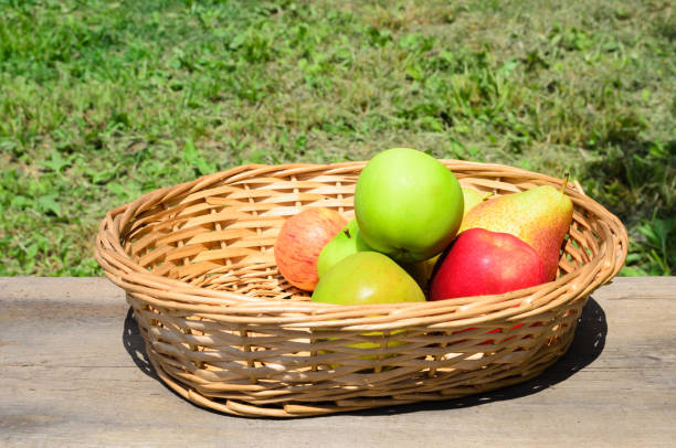 istock Apples and pears in a wicker basket on a rough wooden table. 1257172189