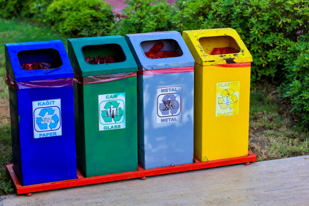 istock Different colored recycle garbage trash bins (cans) in the park. Concept of Environmental education, Disposal Classification. 1257172479