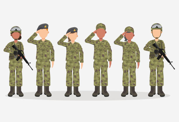 ilustrações de stock, clip art, desenhos animados e ícones de group of army, men and woman, in camouflage combat uniform saluting. cute flat cartoon style. isolated vector illustration. - navy officer armed forces saluting