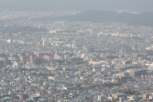 Air Pollution, Haze covers the Kyoto Skyline in Japan.
