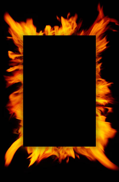 Frame of blurred bright burning hot fire flames against black background. Template, mockup. Close up, copy space for your design, text or images