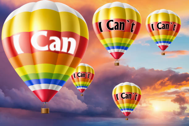 istock Hot air balloons with I can, I cant concept. Abstract background, Thinking and Creativity. 3d Illustration 1257176397