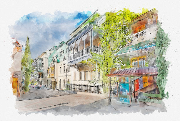 Watercolor sketch or illustration of a beautiful view of the traditional European urban architecture in Tbilisi. Capital of Georgia stock photo