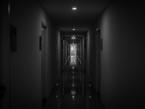 Dark mysterious corridor in building. Door room perspective in lonely quiet building with fire exit sign light on ceiling on black and white style. horror landscape concept.