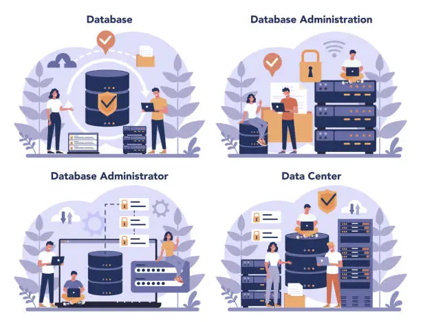 Vector illustration of Data base administrator concept set. Female and male character