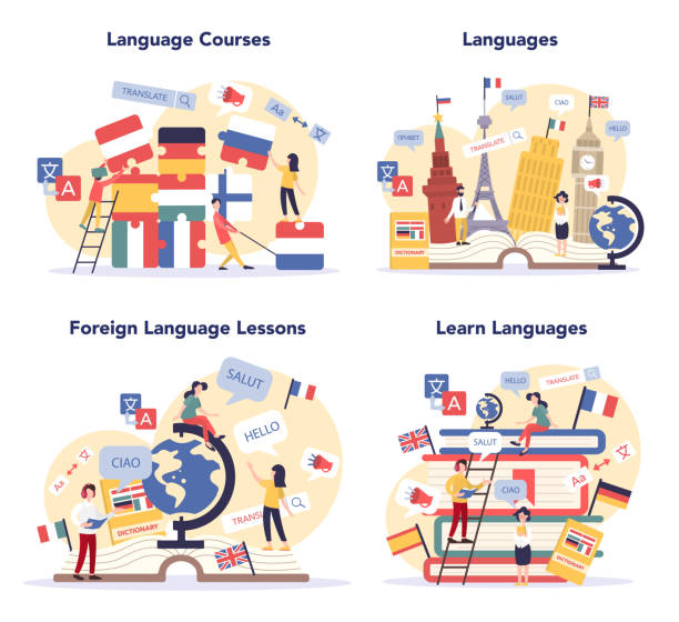 ilustraciones, imágenes clip art, dibujos animados e iconos de stock de conjunto de conceptos de aprendizaje de idiomas. estudiar lenguas extranjeras con lenguas nativas - clase de escritura