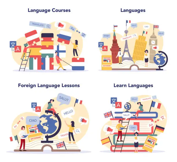 Vector illustration of Language learning concept set. Study foreign languages with native