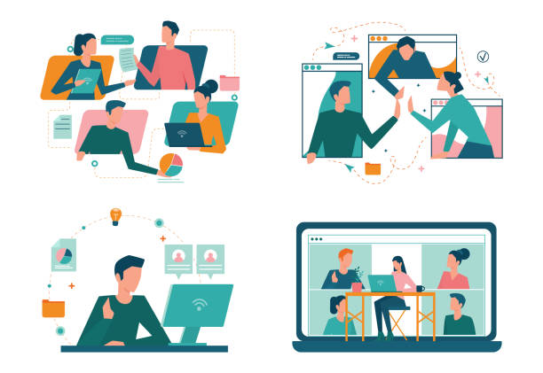 Remote working concept set. Telework and global outsourcing, Remote working concept set. Telework and global outsourcing, Employee work from home. Social-distance during corona virus quarantine. Isolated flat vector illustration telecommuting stock illustrations