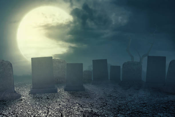 istock Tombstones on the graveyard with full moon background 1257182284