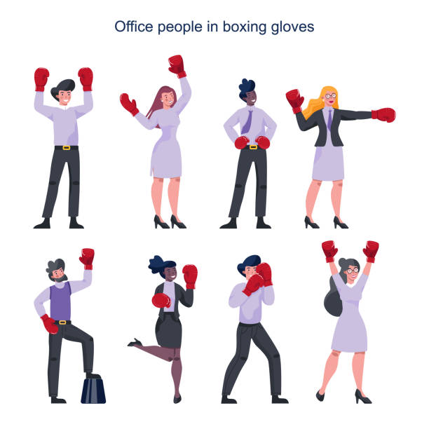 Business people wearing red boxing gloves. Female and male Business people wearing red boxing gloves. Female and male characters staying in strong winner pose. Business worker smile. Successful employee, competition concept. Flat vector illustration fist human hand punching power stock illustrations