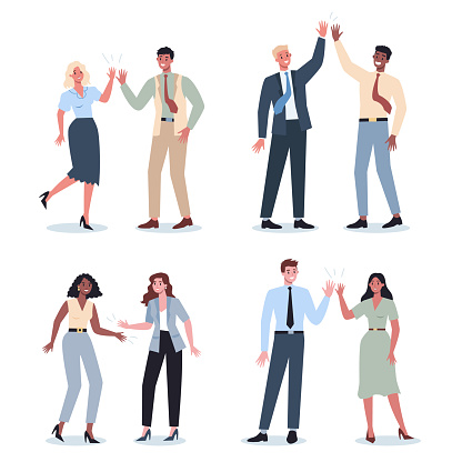 Business people communication idea set. Business man and woman working together and succeeding. Business man and woman high five. Vector illustration in cartoon style