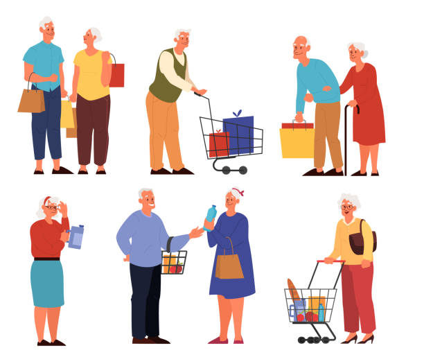 illustrations, cliparts, dessins animés et icônes de ensemble de personnes âgées dans le supermarché avec des chariots byuing fruits, légumes - senior couple senior adult senior women grandmother