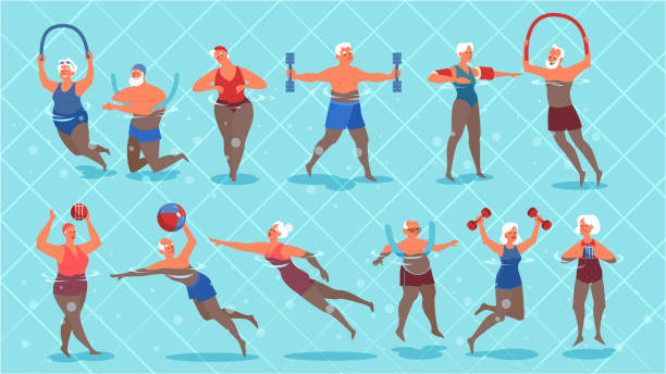 Set of old people doing exercise in swimming pool. Set of old people doing exercise in swimming pool. Elderly character have an active lifestyle. Senior in water. Isolated flat illustration cartoon of the older people exercising gym stock illustrations